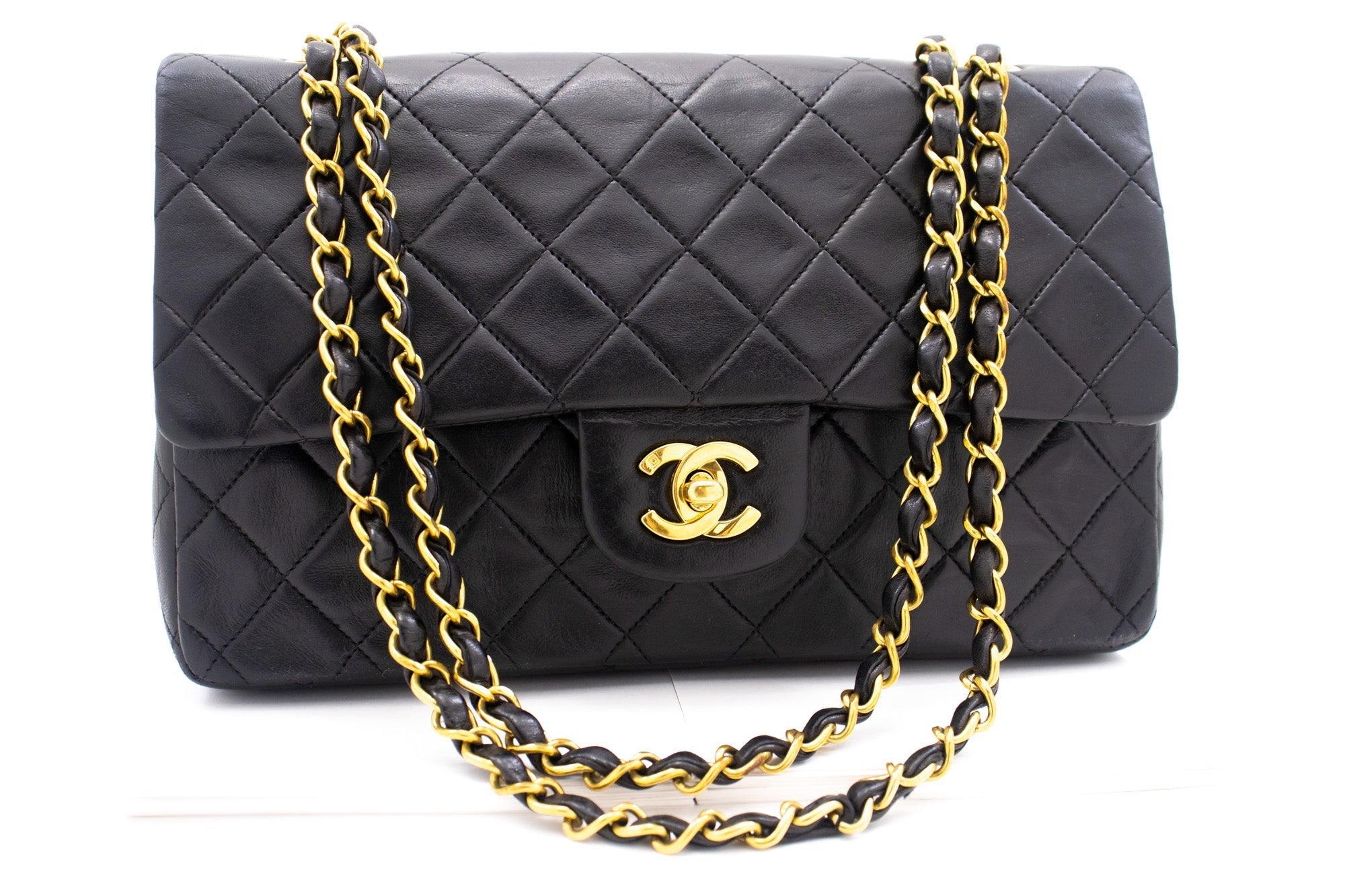 CHANEL Classic Double Flap 10" Chain Shoulder Bag Black Lambskin k77