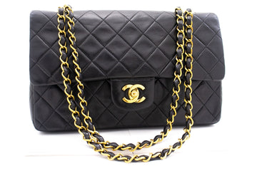 CHANEL Classic Double Flap 10" Chain Shoulder Bag Black Lambskin k77