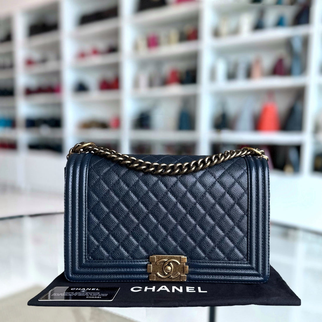 Chanel Boy New Medium - Caviar 28CM Quilted Dark Blue Ruthenium Gold Hardware Series 19
