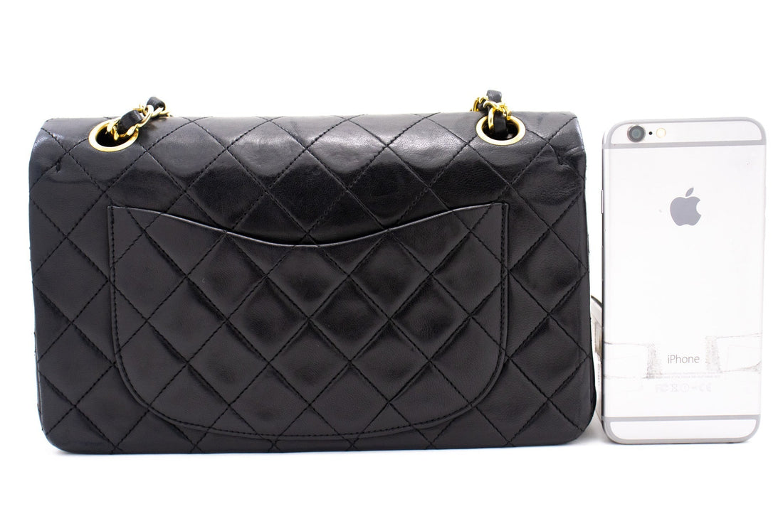 CHANEL Classic Double Flap 9" Chain Shoulder Bag Black Lambskin k80