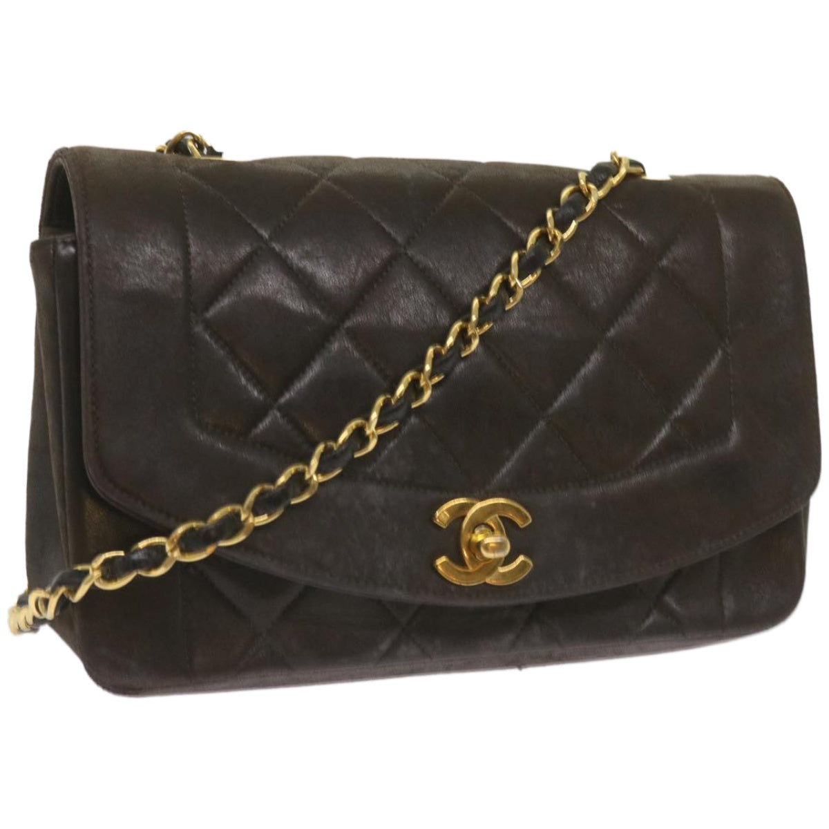 Top Quality Chanel Diana Matelasse Chain Shoulder Bag Leather Black CC Auth 66875