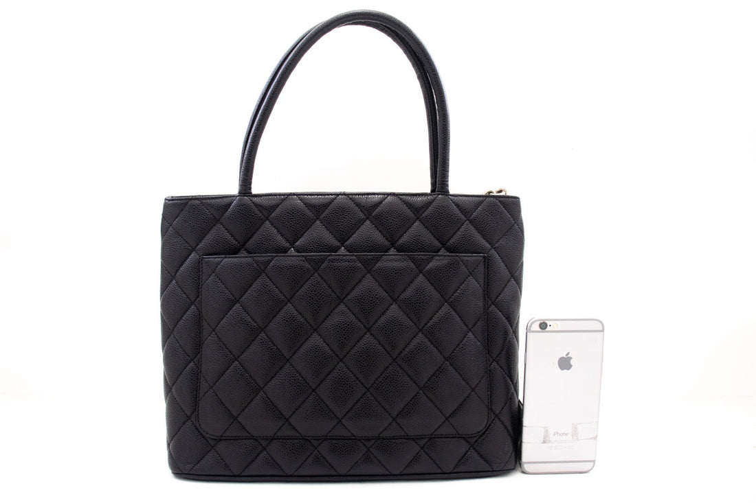 CHANEL Silver Medallion Caviar Shoulder Bag Shopping Tote Black SV k57