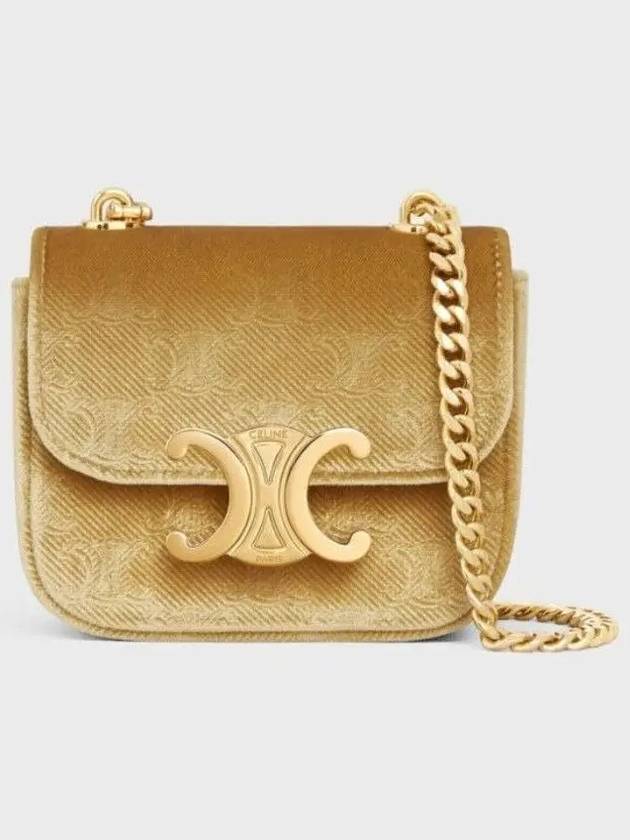 CELINE Mini Chain Claude Velvet Triomphe All-Over Cross Bag Gold