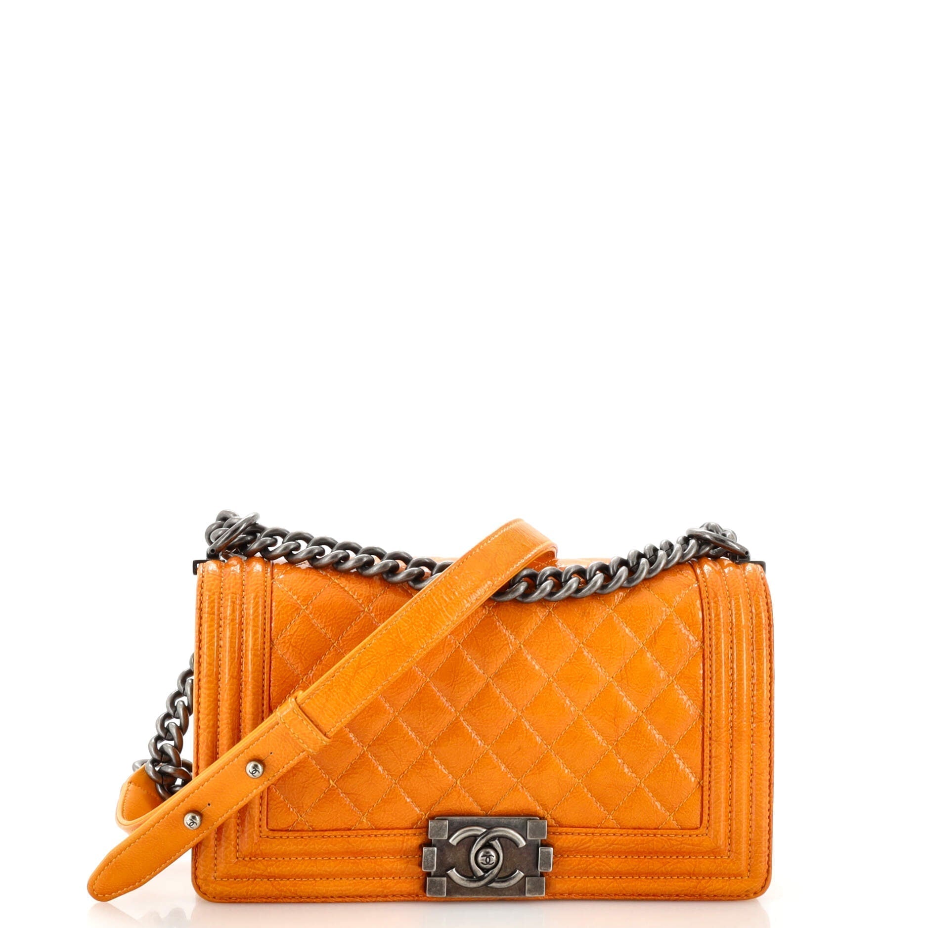 CHANEL Boy Flap Bag Quilted Crinkled Patent Old Medium