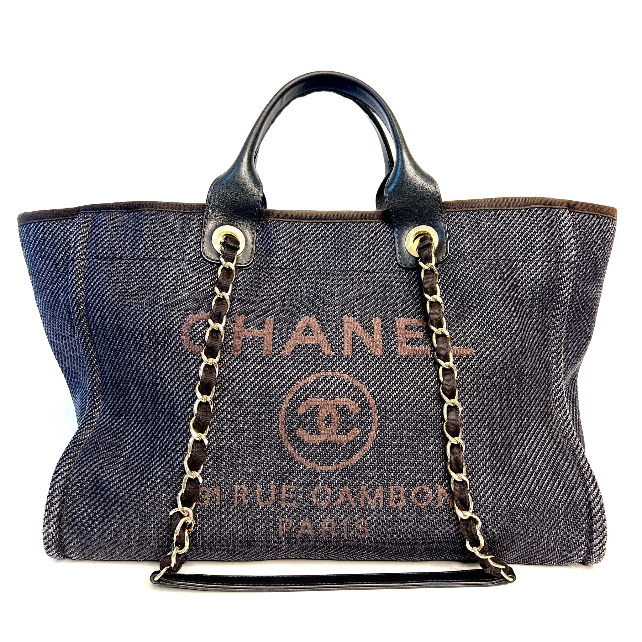 Chanel Deauville Medium Tote Navy Blue Denim Shopping Bag - Preloved