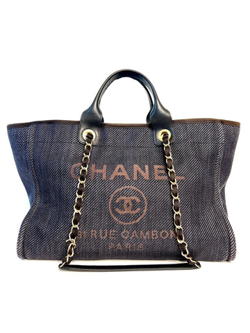 Chanel Deauville Medium Tote Navy Blue Denim Shopping Bag - Preloved
