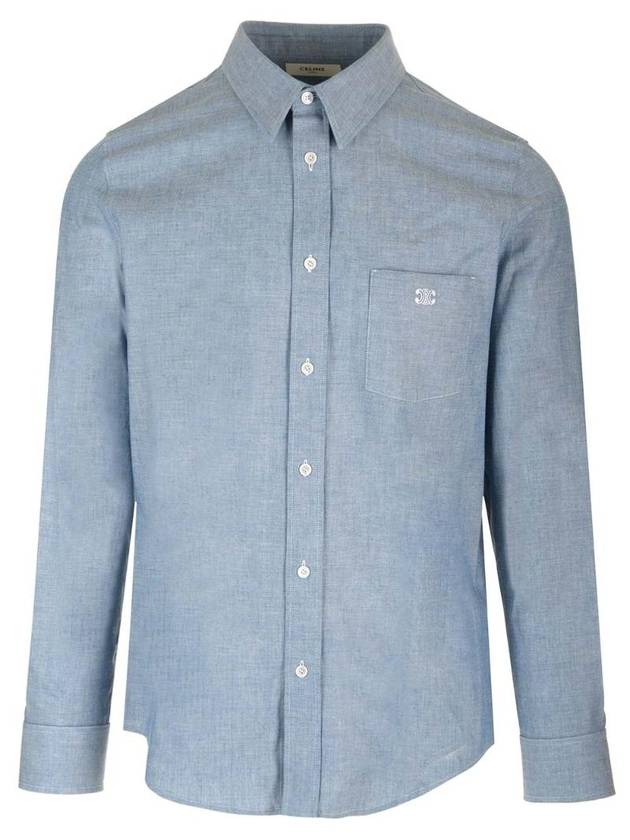 CELINE Rouge Light Chambray Cotton Long Sleeve Shirt Blue