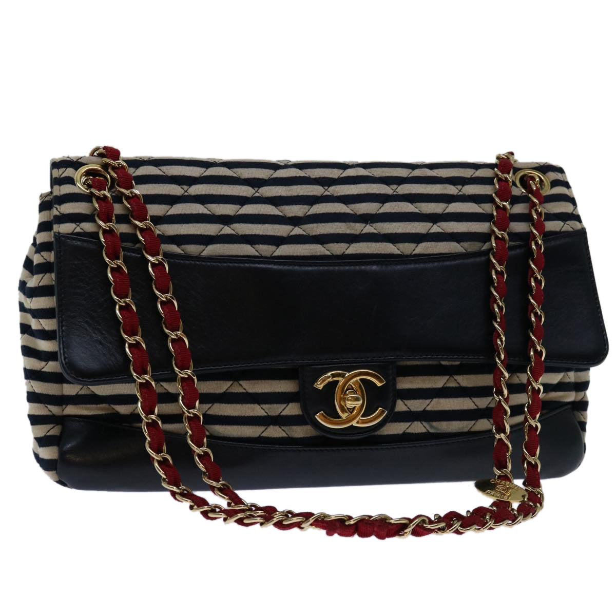 Top Quality Chanel Matelasse Chain Shoulder Bag Cotton White Navy CC Auth 69062A