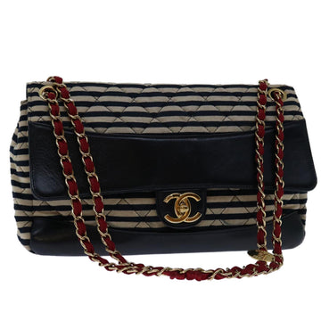 Top Quality Chanel Matelasse Chain Shoulder Bag Cotton White Navy CC Auth 69062A