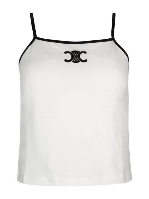 CELINE Sequin Triomphe Embroidered Cotton Jersey Sleeveless Off-White