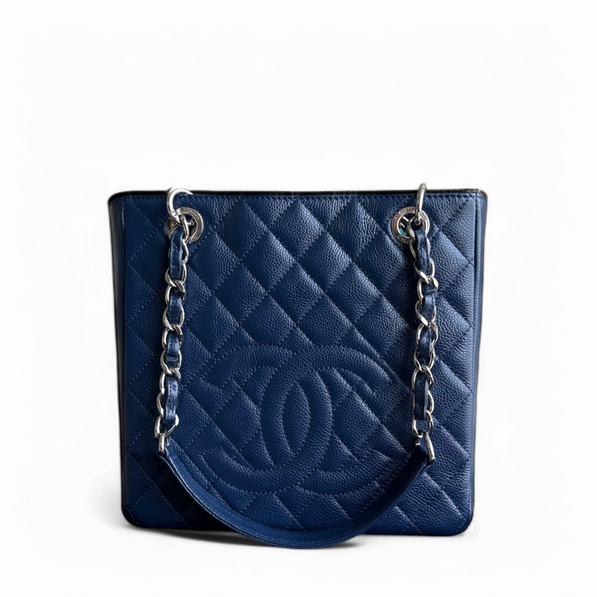 Chanel PST Petite Shopping Tote - Caviar 24CM Quilted Dark Blue Silver Hardware Series 15