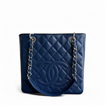 Chanel PST Petite Shopping Tote - Caviar 24CM Quilted Dark Blue Silver Hardware Series 15