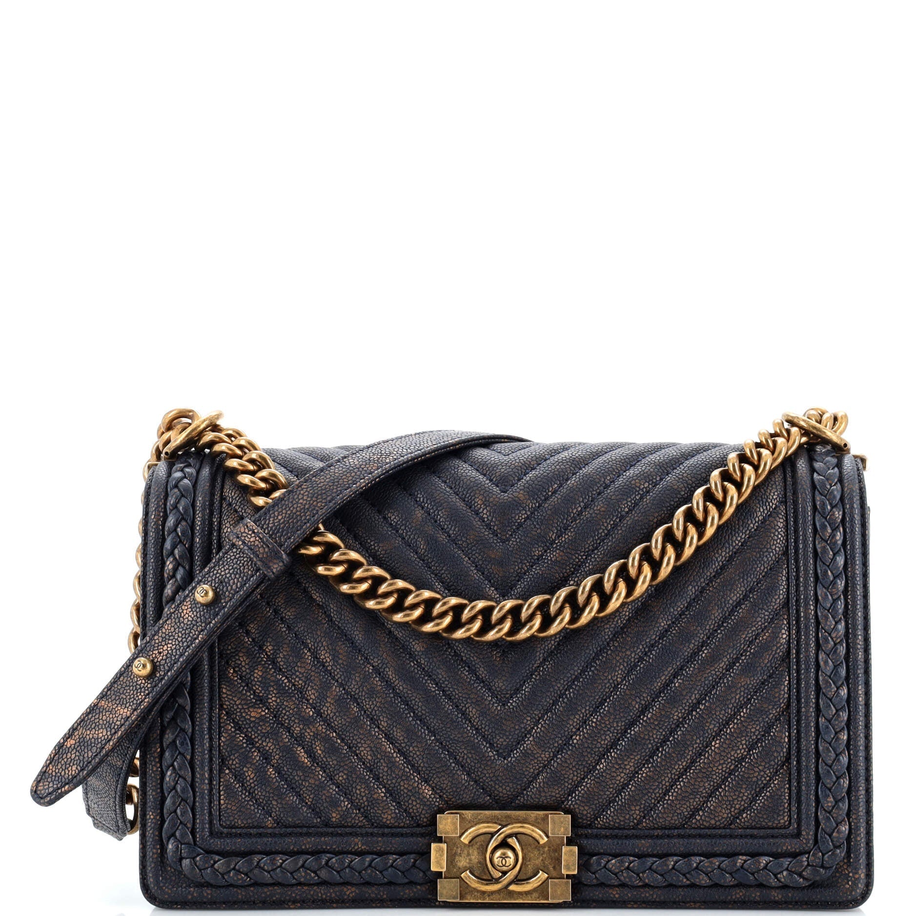 CHANEL Braided Boy Flap Bag Patinated Chevron Caviar New Medium