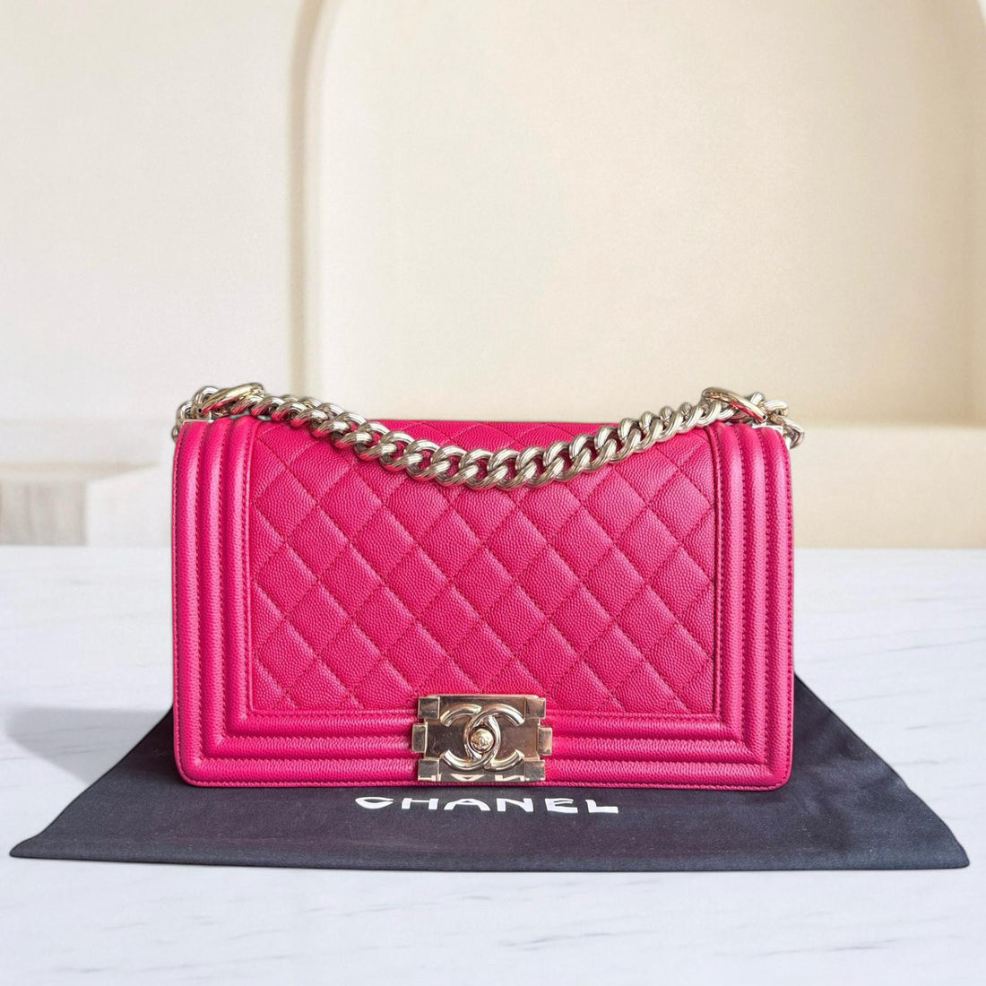 Chanel Boy Medium - Caviar 25CM Quilted Grained Calfskin Hot Pink Gold Hardware Series 23