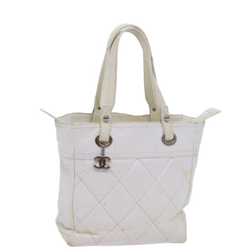 Top Quality Chanel Paris Biarritz PM Tote Bag Coated Canvas White CC Auth 70278