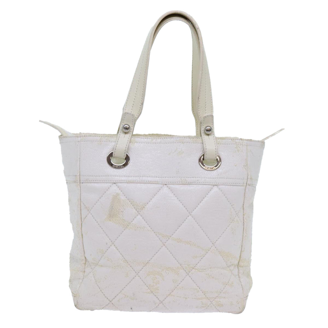 Top Quality Chanel Paris Biarritz PM Tote Bag Coated Canvas White CC Auth 70278