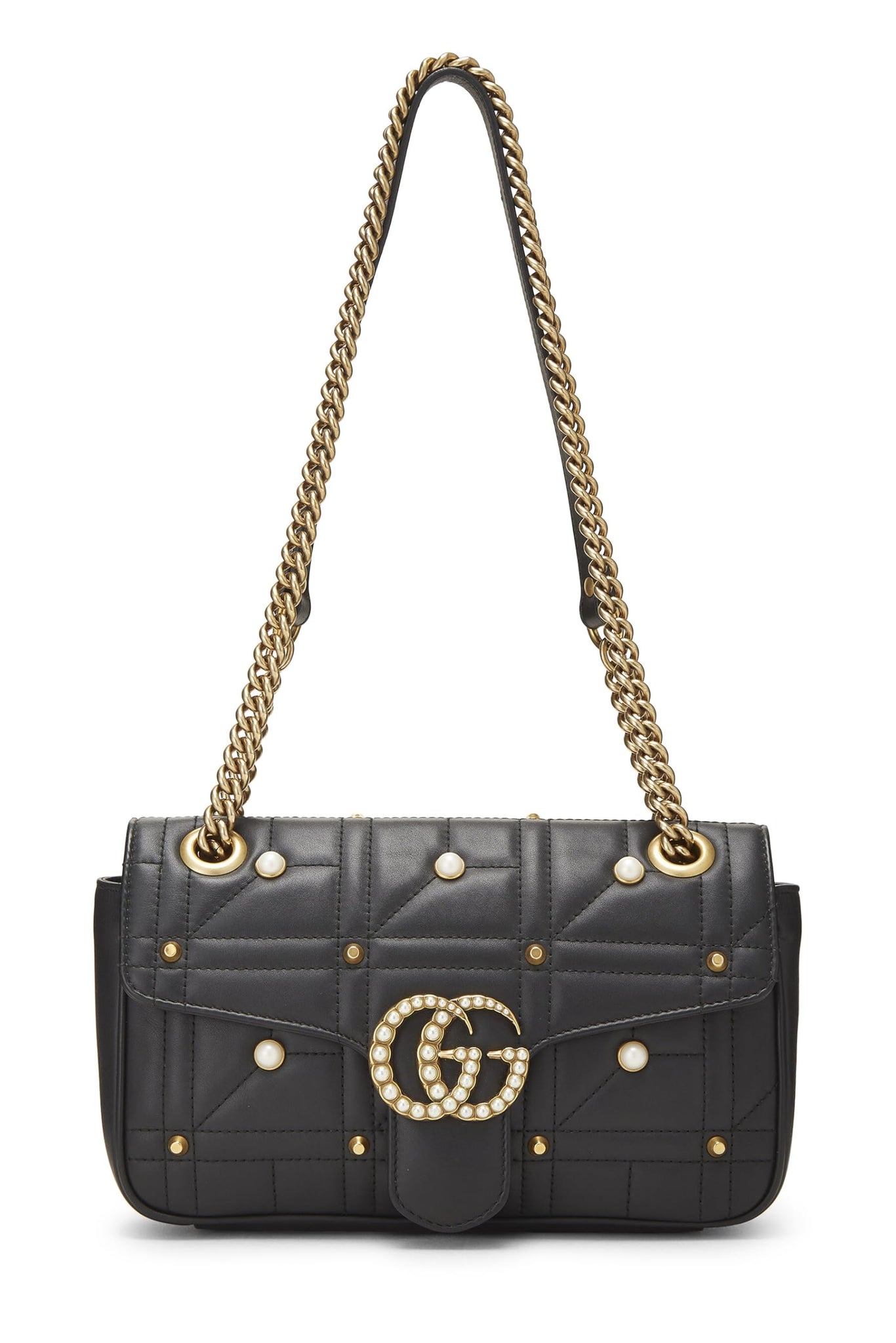 Gucci, Black Faux Pearl Matelassé Leather Marmont Shoulder Bag Small, Black