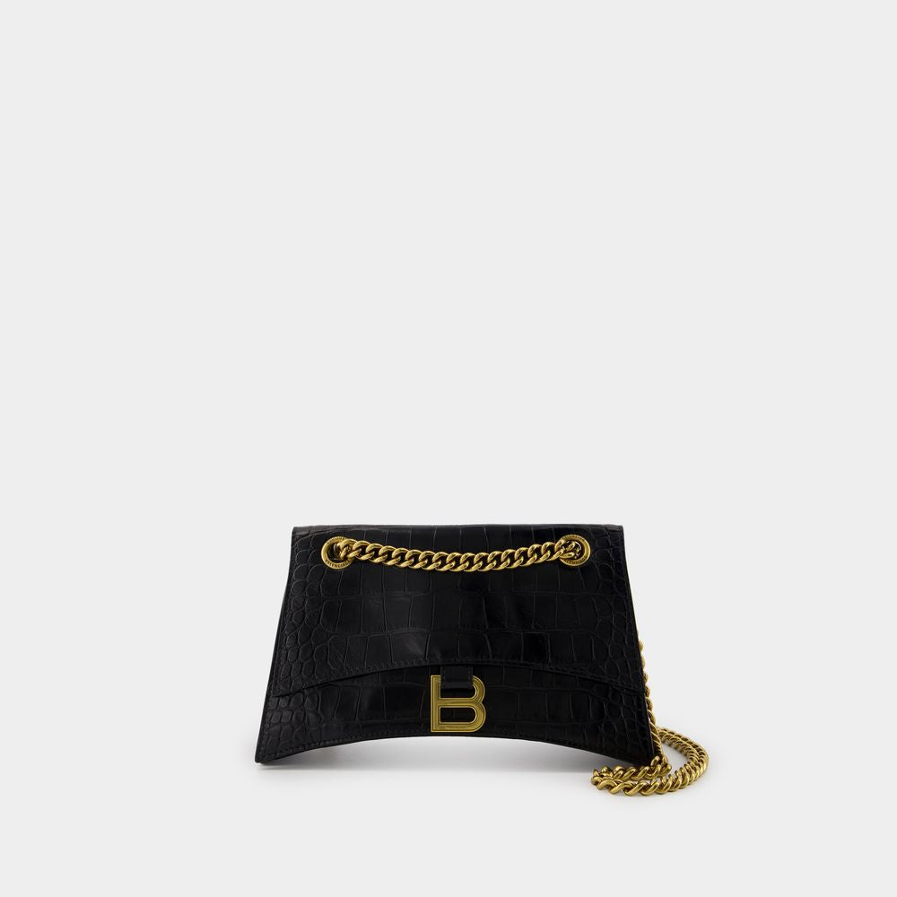 BALENCIAGA Mini Crocodile-Embossed Leather Shoulder Bag with Chain Strap