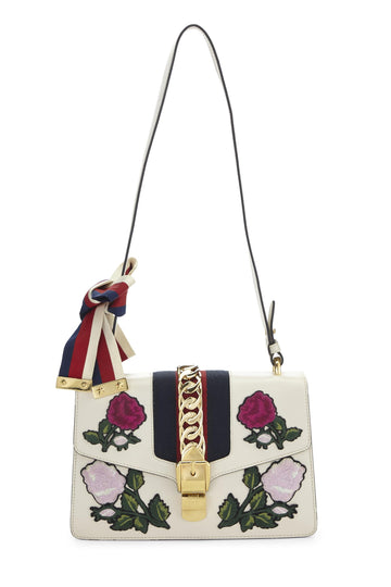 Gucci, White Leather Embroidered Sylvie Shoulder Bag Small, White