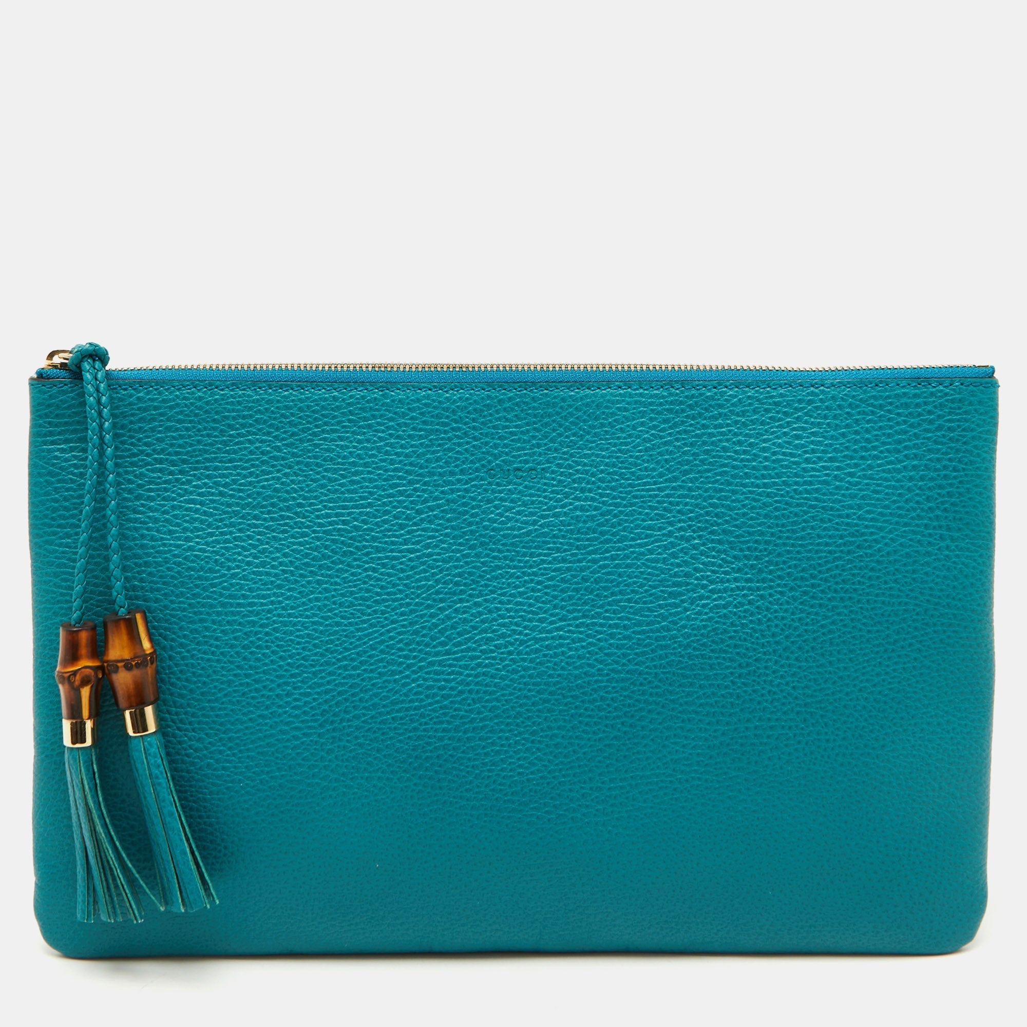 Gucci Teal Blue Leather Bamboo Braided Tassel Zip Clutch