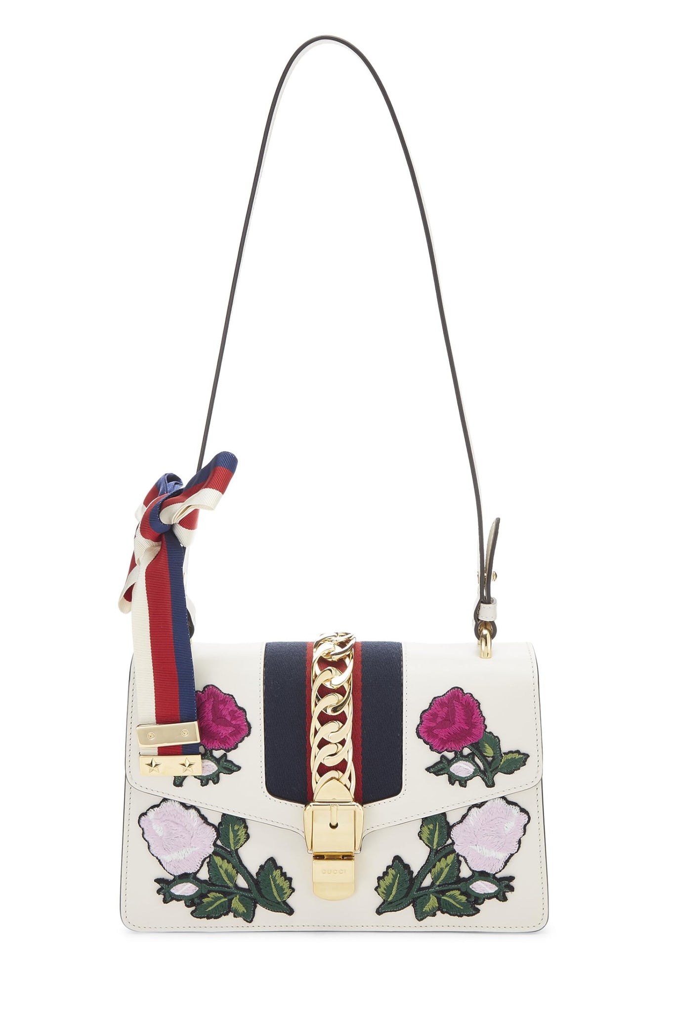 Gucci, White Floral Embroidered Leather Sylvie Shoulder Bag Small, White