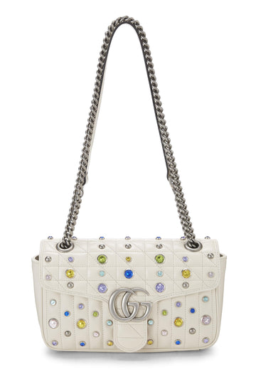 Gucci, White Leather Crystal Embellished GG Marmont Shoulder Bag, White