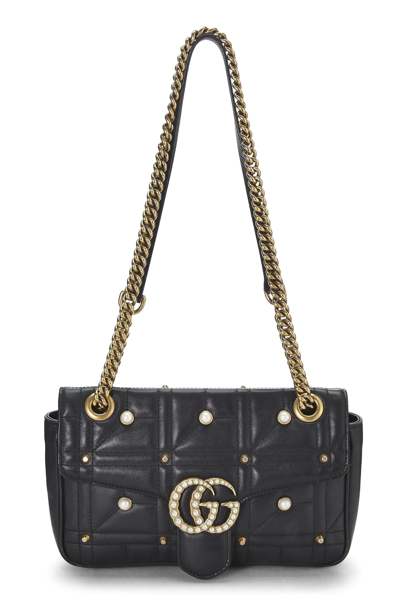 Gucci, Black Leather & Faux Pearl GG Marmont Shoulder Bag Small, Black