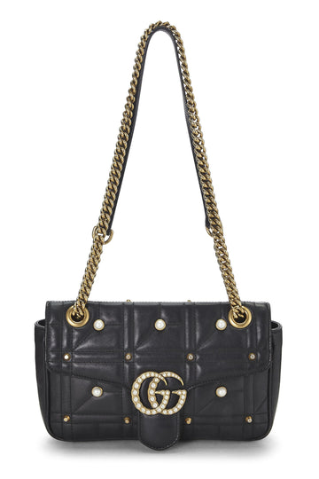 Gucci, Black Leather & Faux Pearl GG Marmont Shoulder Bag Small, Black