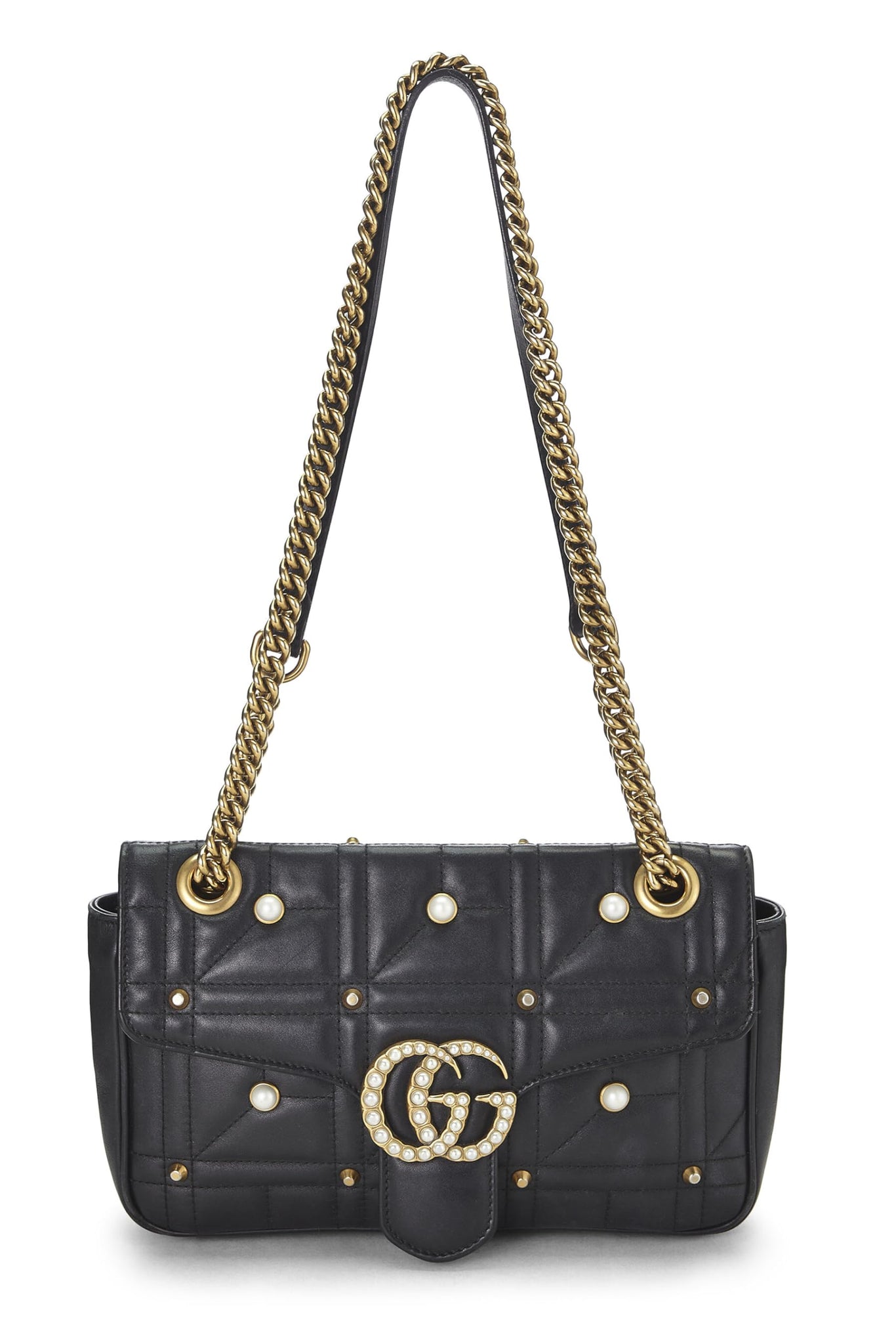 Gucci, Black Leather & Faux Pearl GG Marmont Shoulder Bag Small, Black
