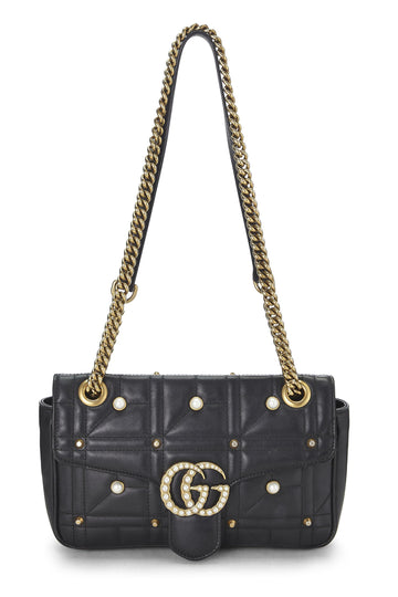 Gucci, Black Leather & Faux Pearl GG Marmont Shoulder Bag Small, Black