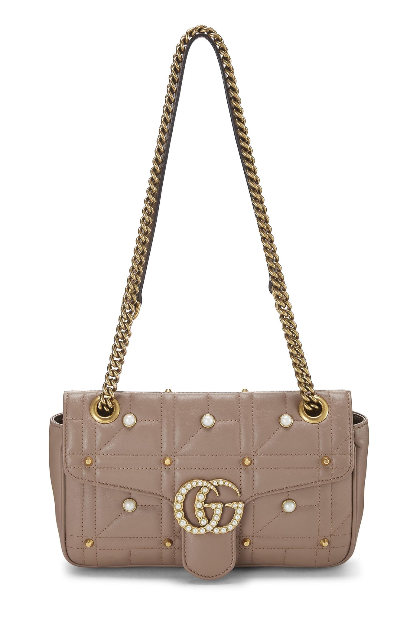 Gucci, Beige Leather & Faux Pearl GG Marmont Shoulder Bag Small, Beige