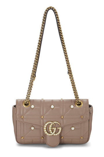 Gucci, Beige Leather & Faux Pearl GG Marmont Shoulder Bag Small, Beige
