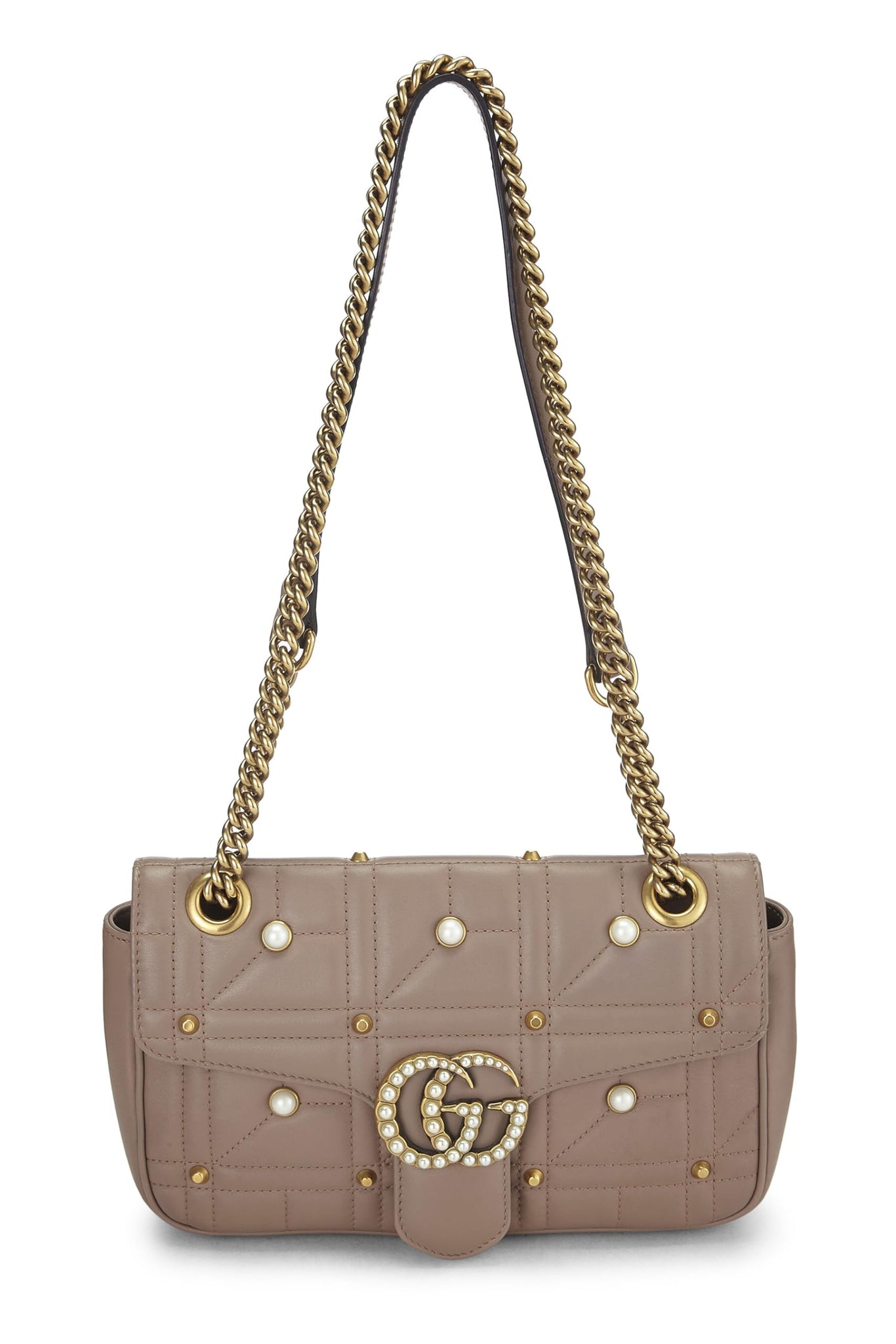 Gucci, Pink Leather & Faux Pearl GG Marmont Shoulder Bag Small, Beige