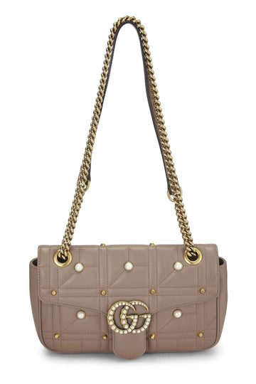 Gucci, Pink Leather & Faux Pearl GG Marmont Shoulder Bag Small, Beige