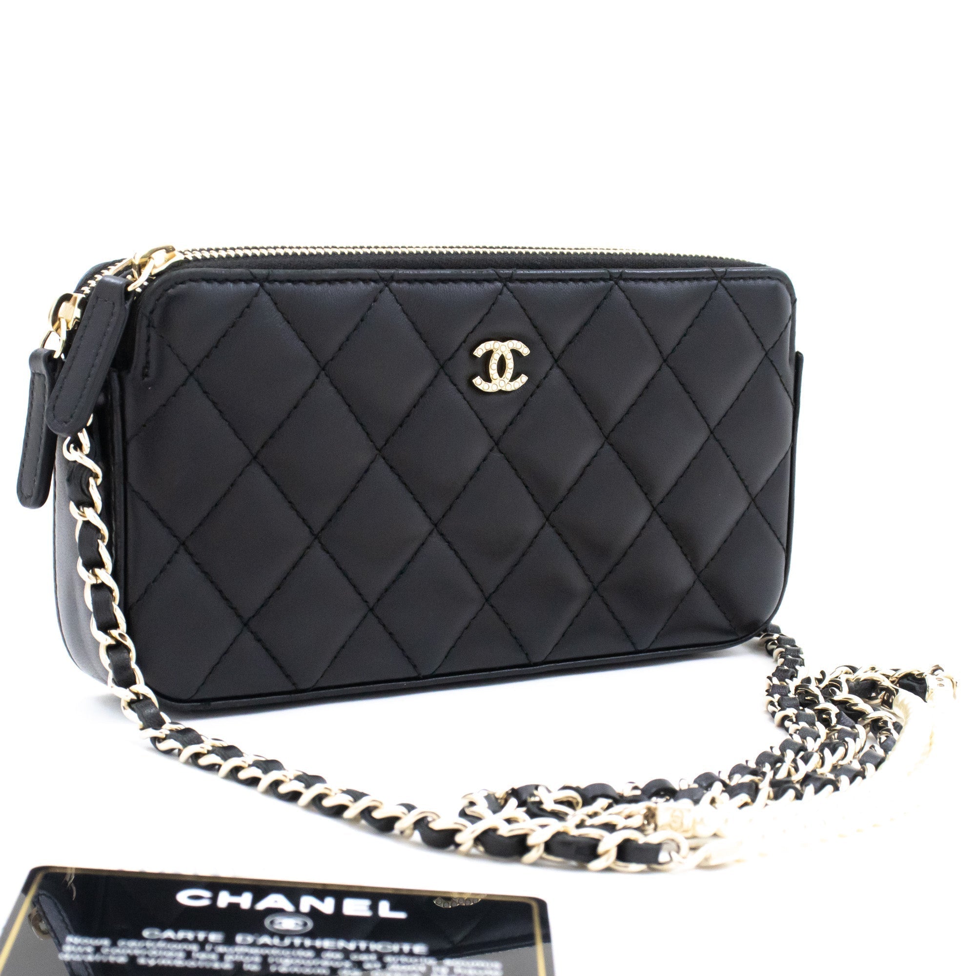 Top Quality Chanel Lambskin Pearl Wallet On Chain WOC Double Zip Chain Bag