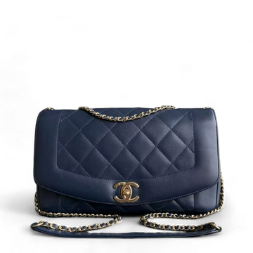 *Rare 2015 Re-issue* Chanel Diana - 28CM Quilted Lambskin Dark Blue Gold Hardware Series 20