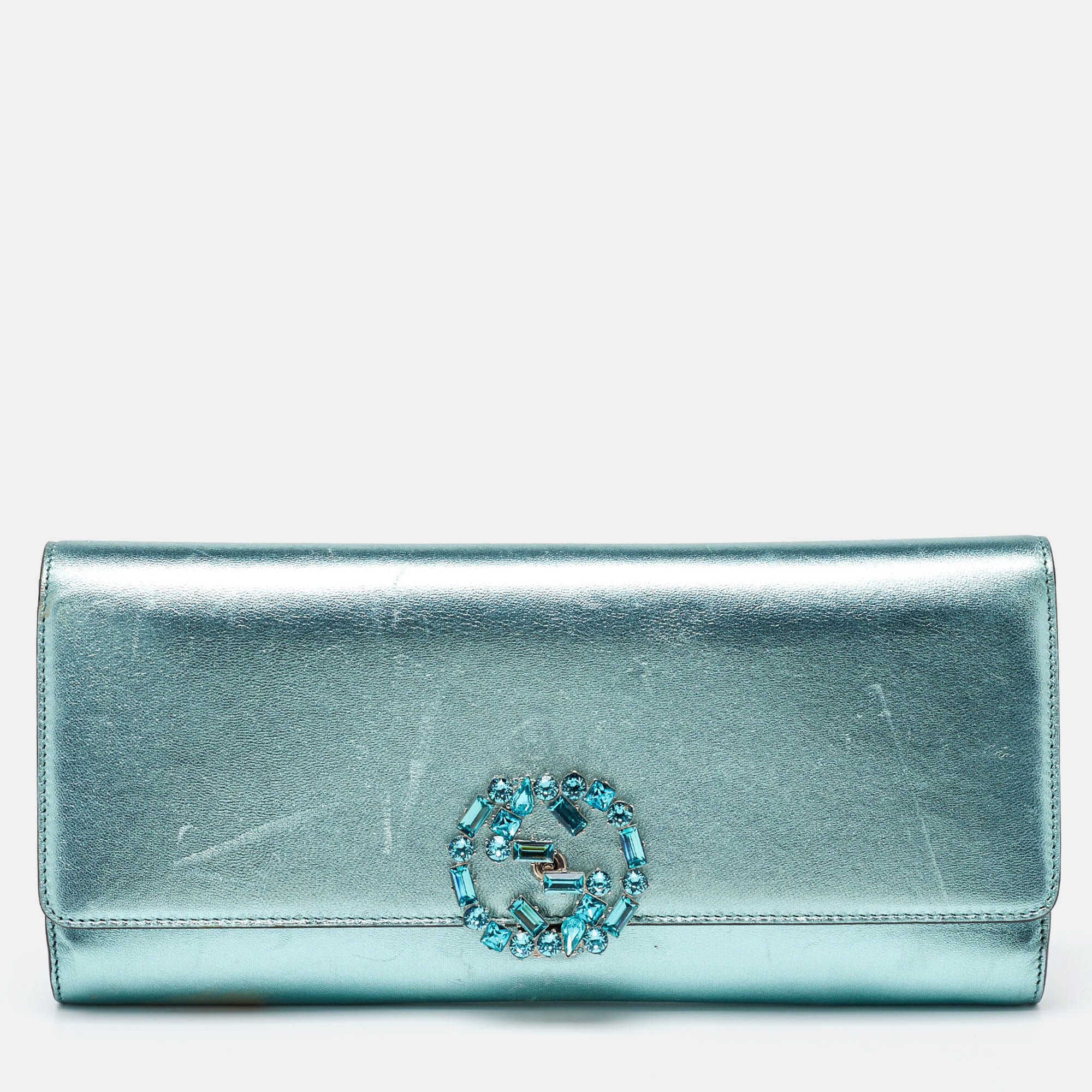 Gucci  Leather Crystal Interlocking G Broadway Clutch