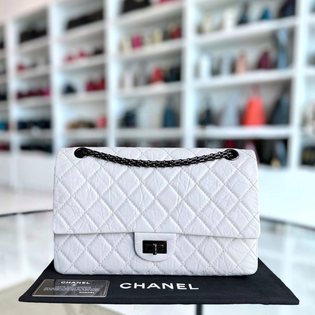 Chanel 2.55 Reissue 226 - Quilted Aged Calfskin White Ruthenium Black Hardware Series 12