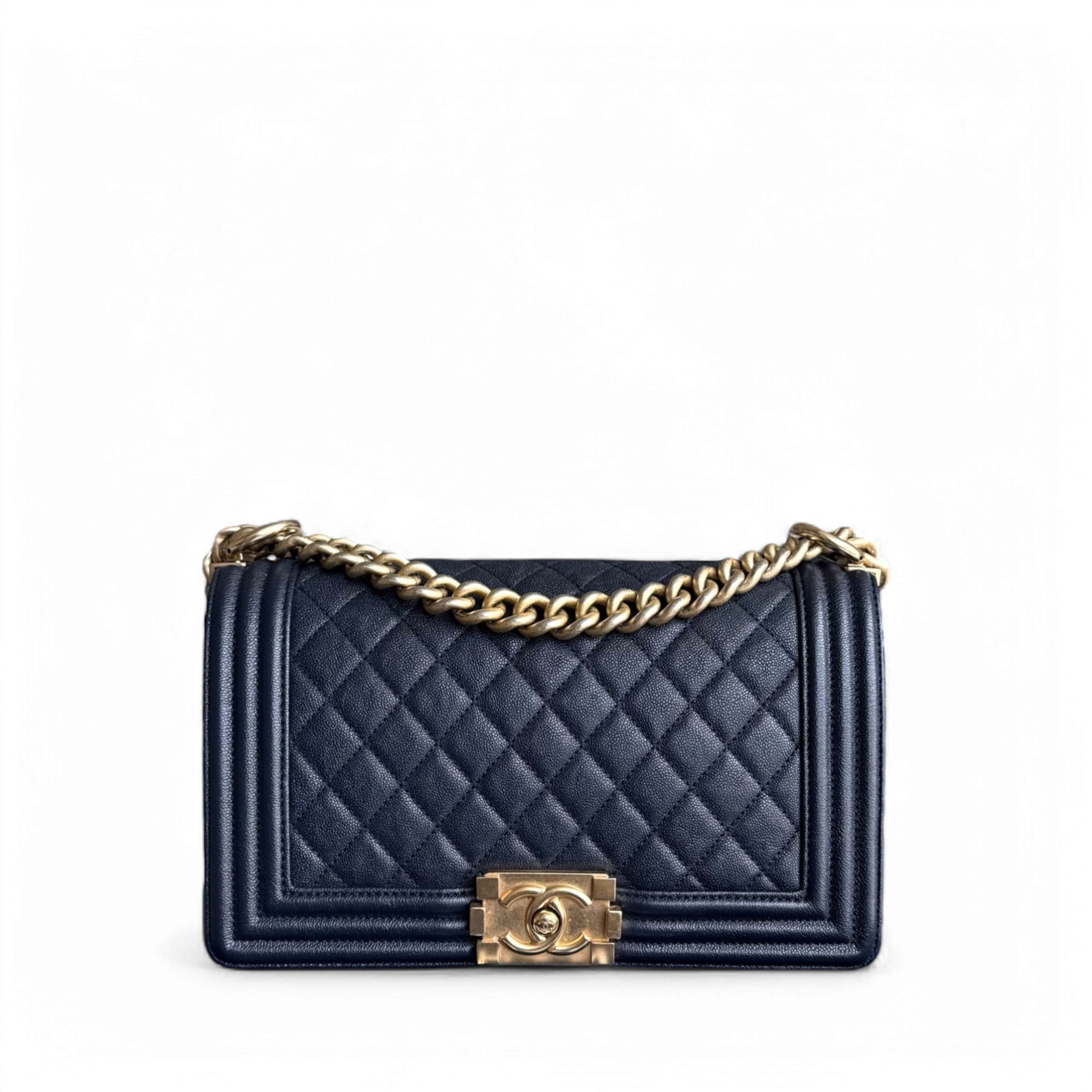 Chanel Boy Medium - Caviar 25CM Quilted Midnight Dark Blue Gold Hardware Series 27