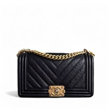 Chanel Boy Medium - Caviar 25CM Chevron Black Gold Hardware Series 26