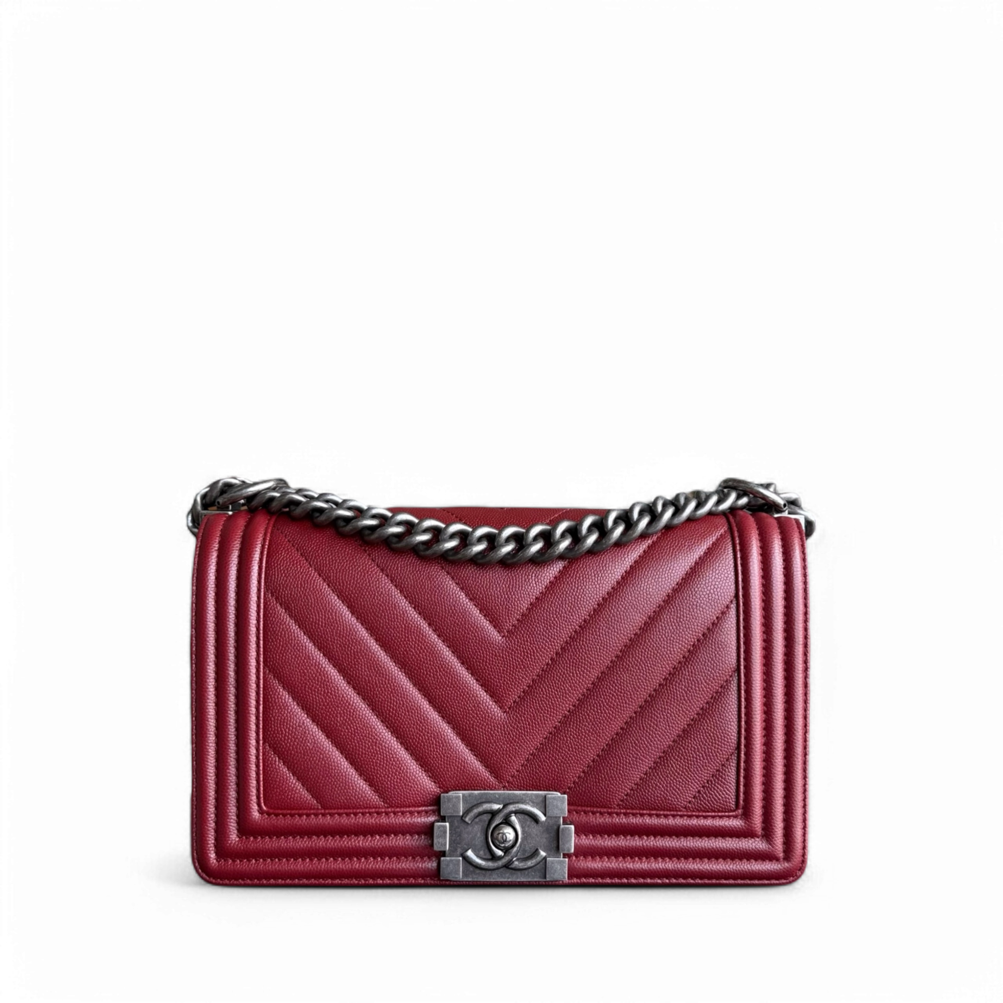 Chanel Boy Medium - Caviar 25CM Chevron Dark Red Burgundy Ruthenium Silver Hardware Series 24