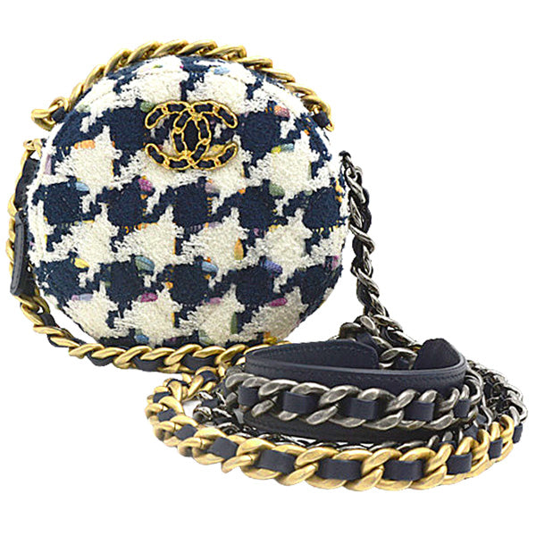 Chanel Tweed Round Chain Shoulder Bag Houndstooth White Navy