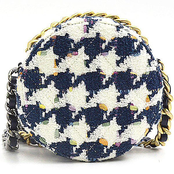 Chanel Tweed Round Chain Shoulder Bag Houndstooth White Navy