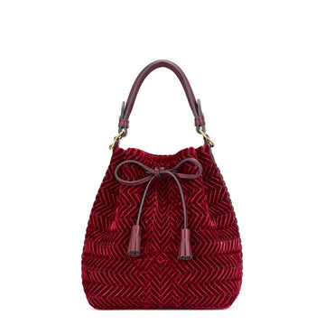 Anya Hindmarch Neeson Oxblood Velvet Woven Drawstring Bucket Bag