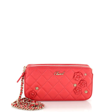 CHANEL Camellia Charms Double Zip Clutch with Chain Quilted Lambskin
