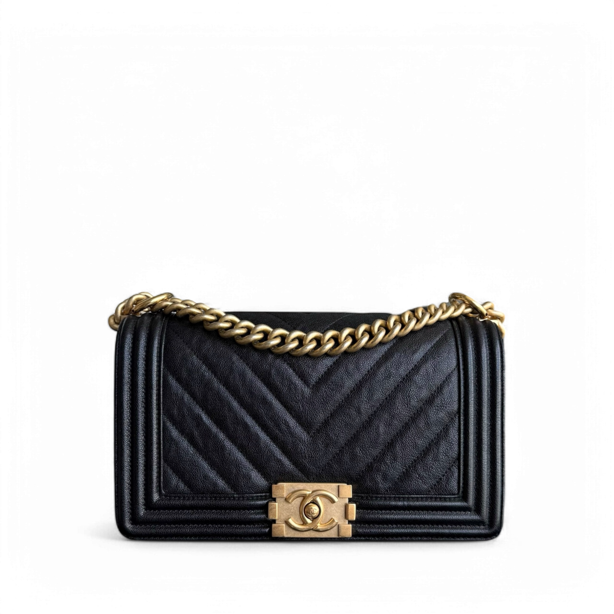 Chanel Boy Medium - Caviar 25CM Chevron Black Gold Hardware Series 26