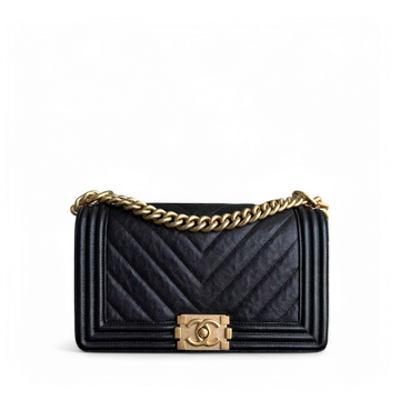 Chanel Boy Medium - Caviar 25CM Chevron Black Gold Hardware Series 26
