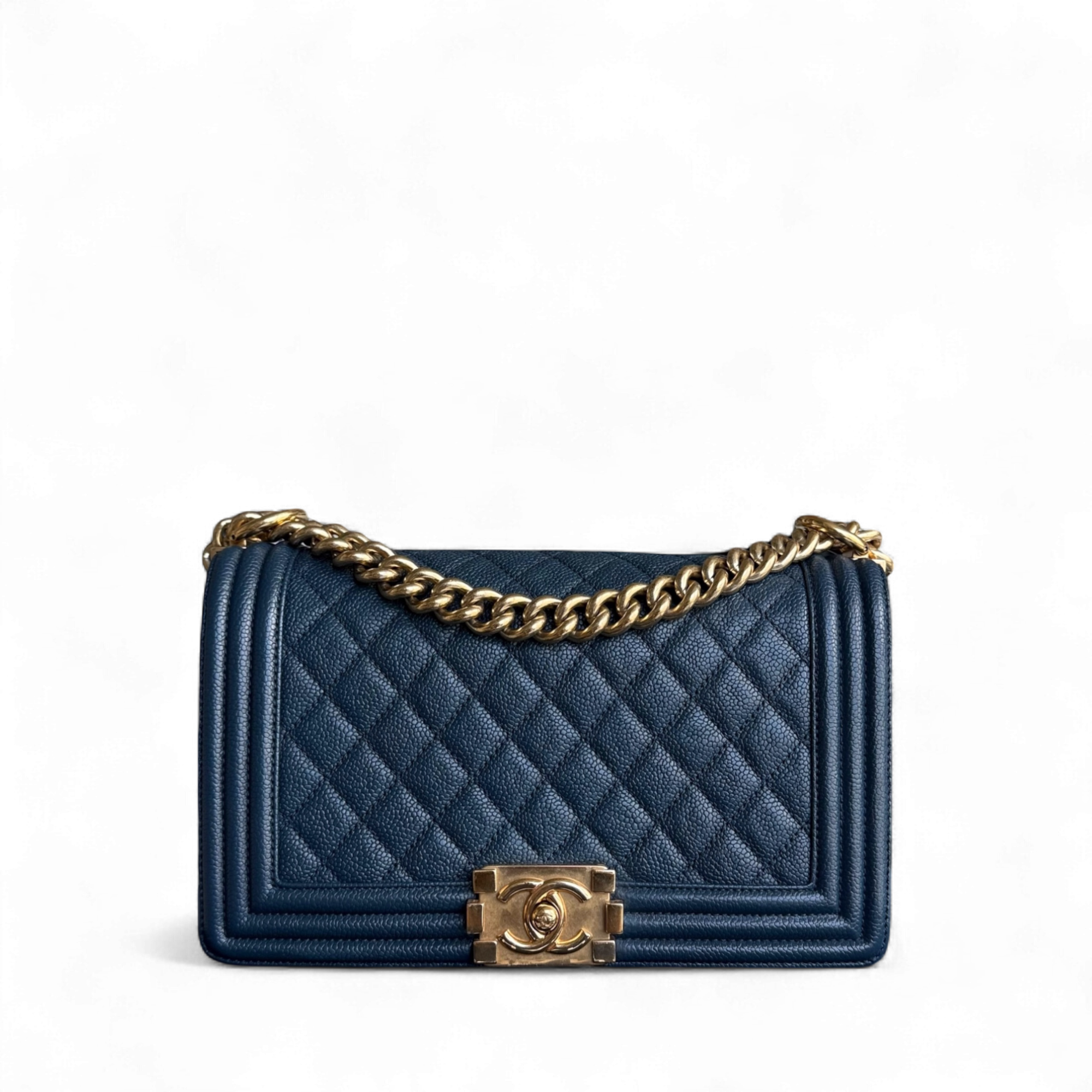 Chanel Boy Medium - Caviar 25CM Quilted Grained Calfskin Blue Gold Hardware Series 23