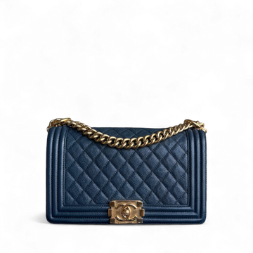 Chanel Boy Medium - Caviar 25CM Quilted Grained Calfskin Blue Gold Hardware Series 23