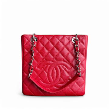 Chanel PST Petite Shopping Tote - Caviar Quilted Red Silver Hardware Series 18